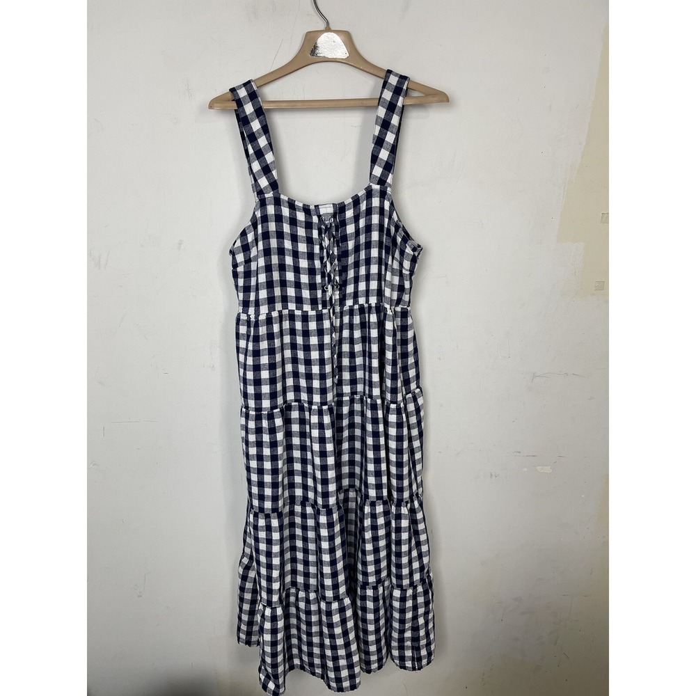 Who What‎ Wear Womens Dress XXL Gingham Linen Country Beachy Farm Lace Up Blue